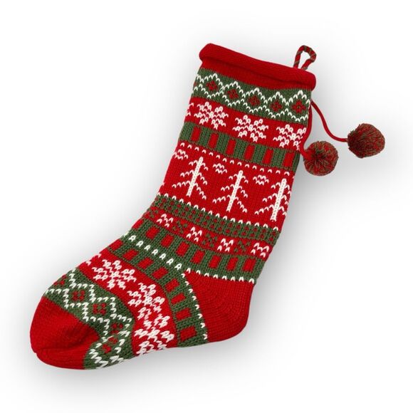 Christmas Stocking Fair Isle Sweater Knit Snowflake Green Red White Acrylic - Picture 4 of 9
